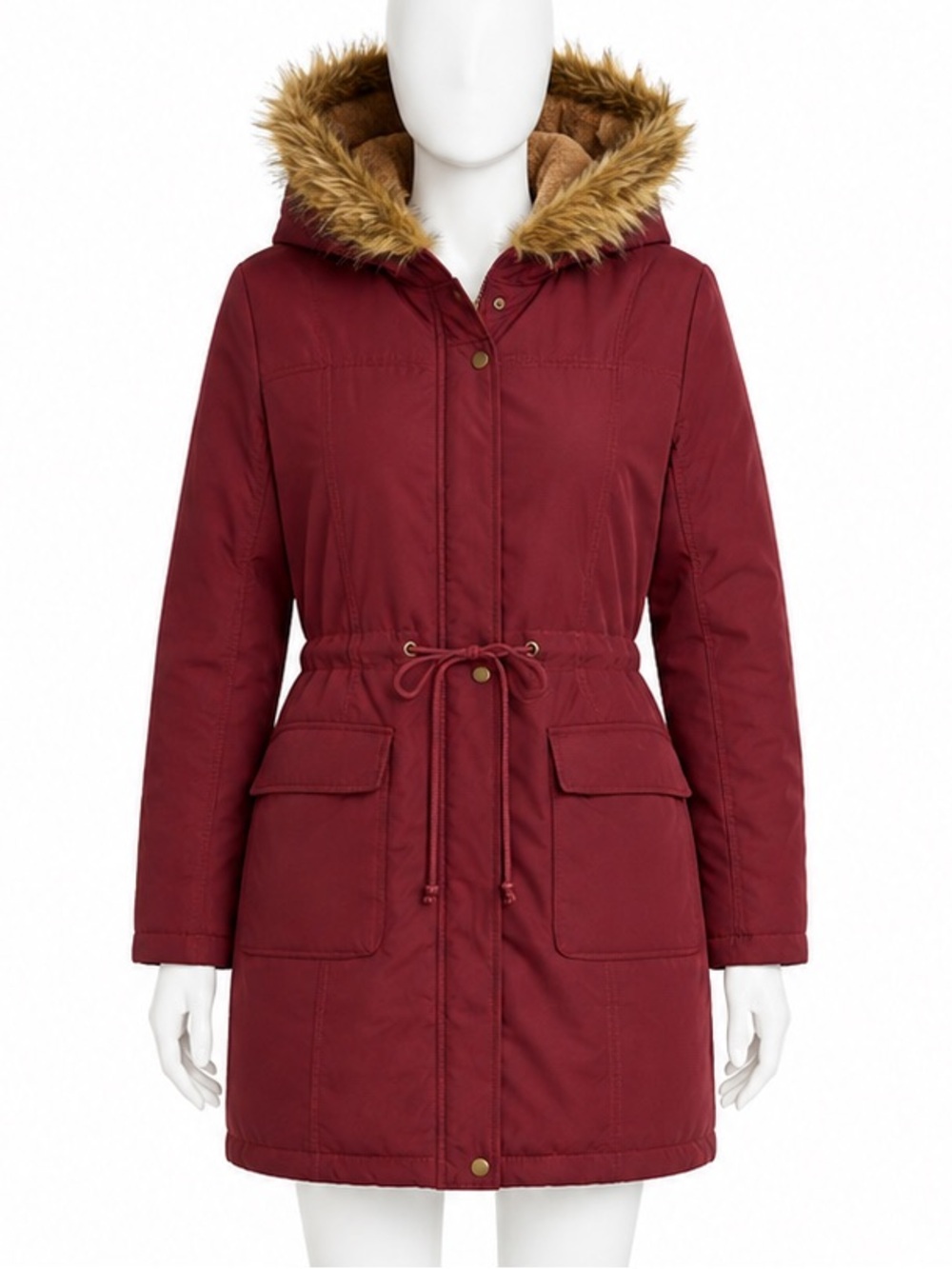 Beyove Burgundy Faux-Fur Lined Hooded Parka Jacket size XXL